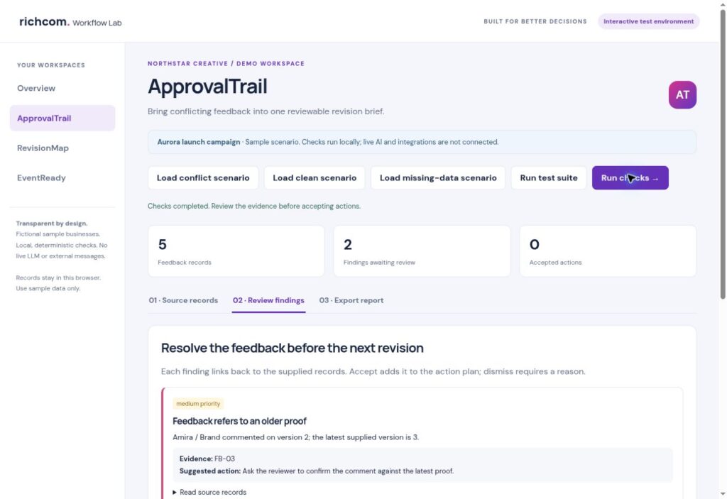 ApprovalTrail test workspace with source backed findings