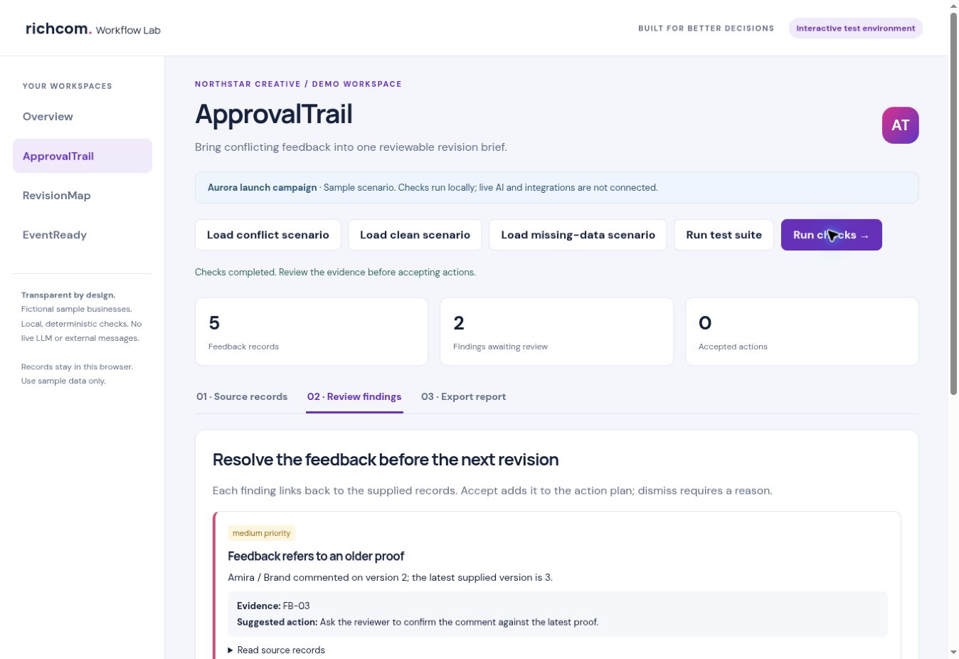 ApprovalTrail demo showing source backed findings and review controls