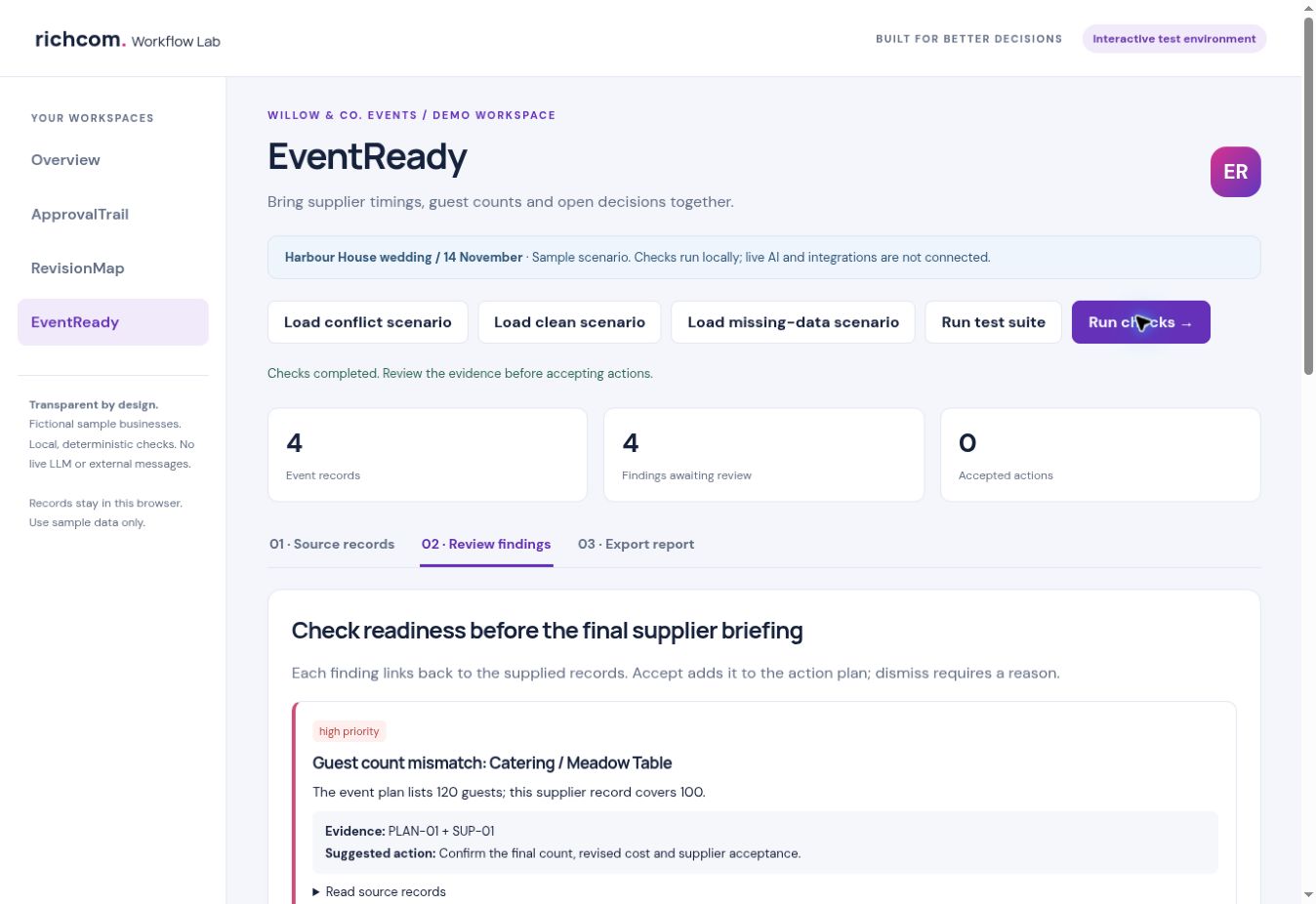 EventReady demo showing source backed findings and review controls