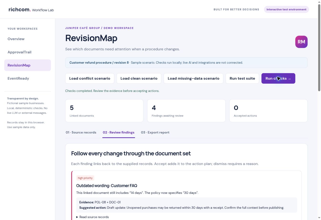 RevisionMap demo showing source backed findings and review controls